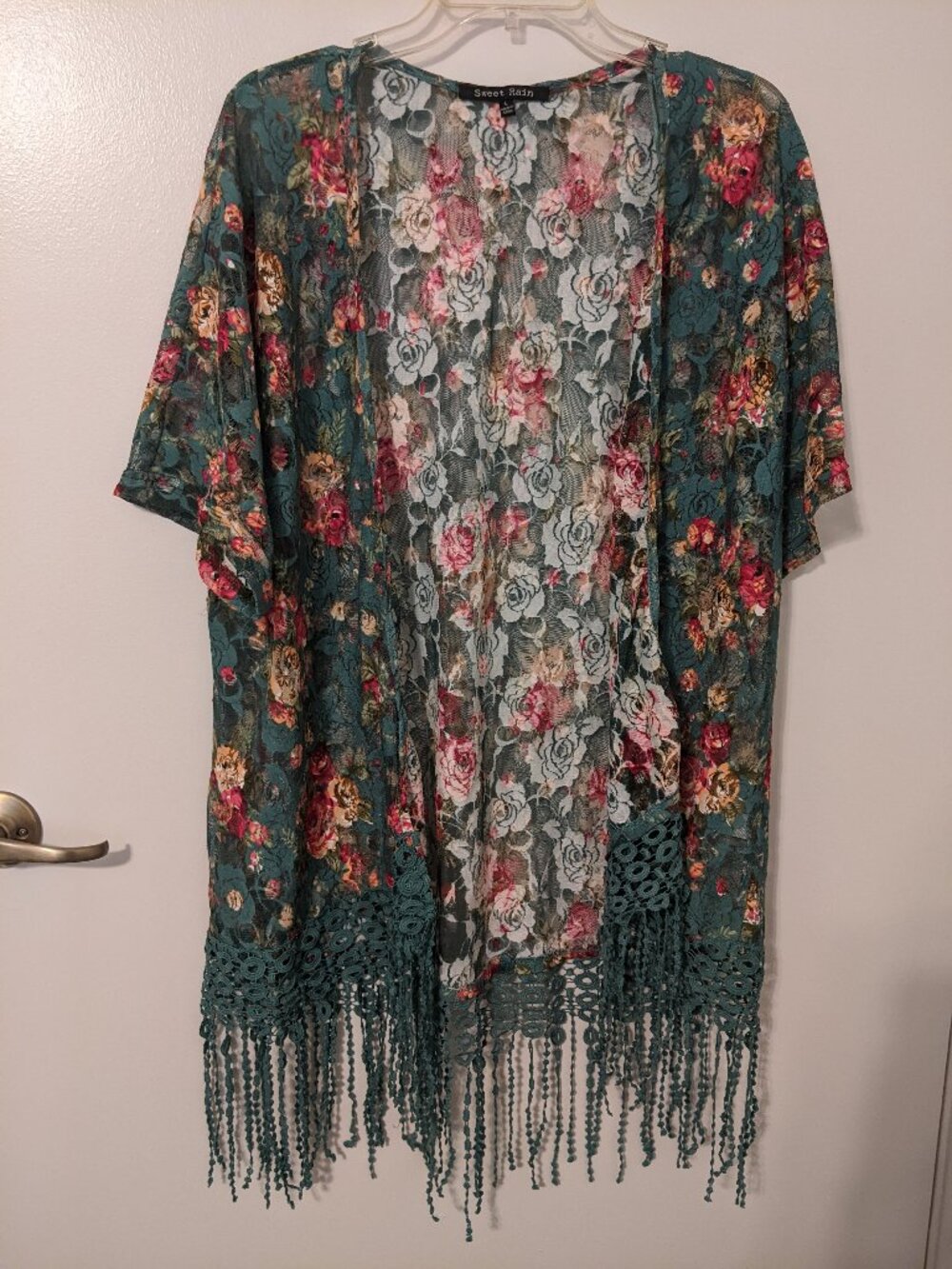 Sheer Floral Lace Woman's L Beach Swimsuit Cover Up Fringe Fairycore Boho